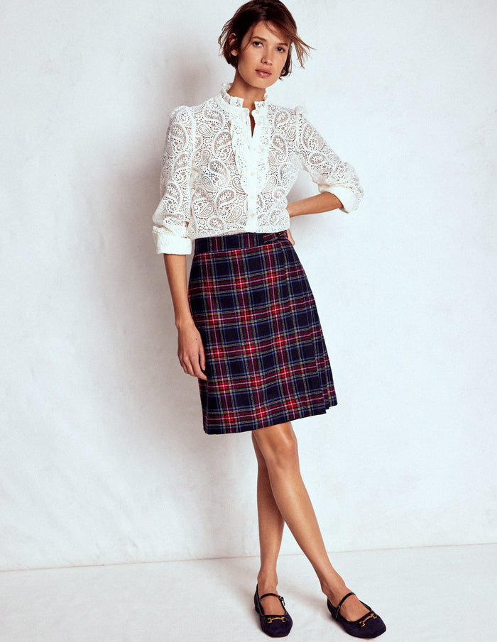 Helen Wool Kilt Skirt Navy, Green and Red Check