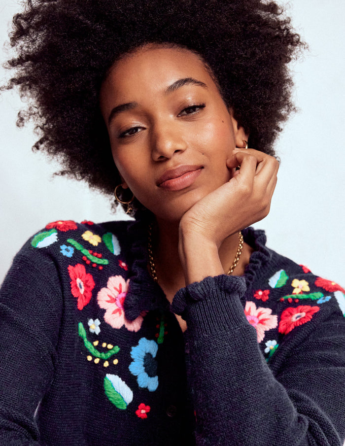 Embroidered Frill Cardigan Navy
