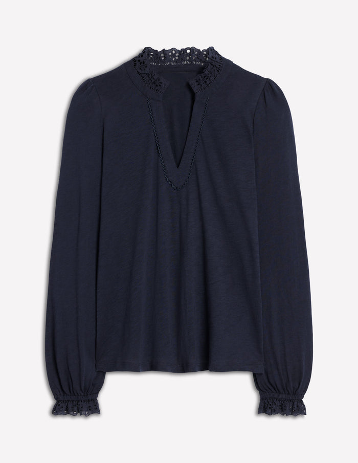 Aria Broderie Notch Neck Top Navy