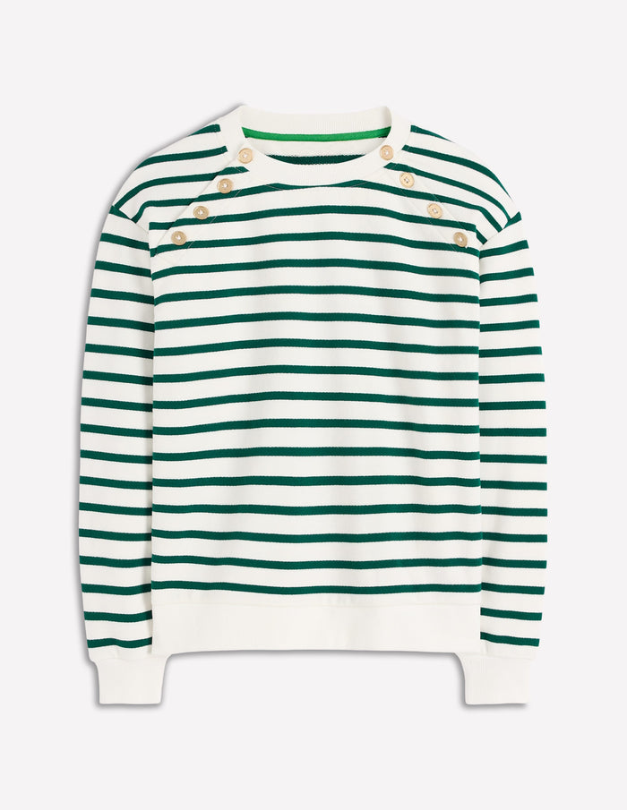 Button Detail Sweatshirt Emerald Night, Ivory