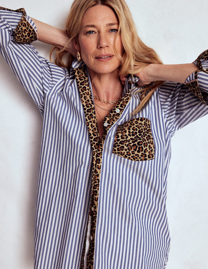 Sadie Relaxed Cotton Shirt Blue Stripe, Cheetah Pop Hotch
