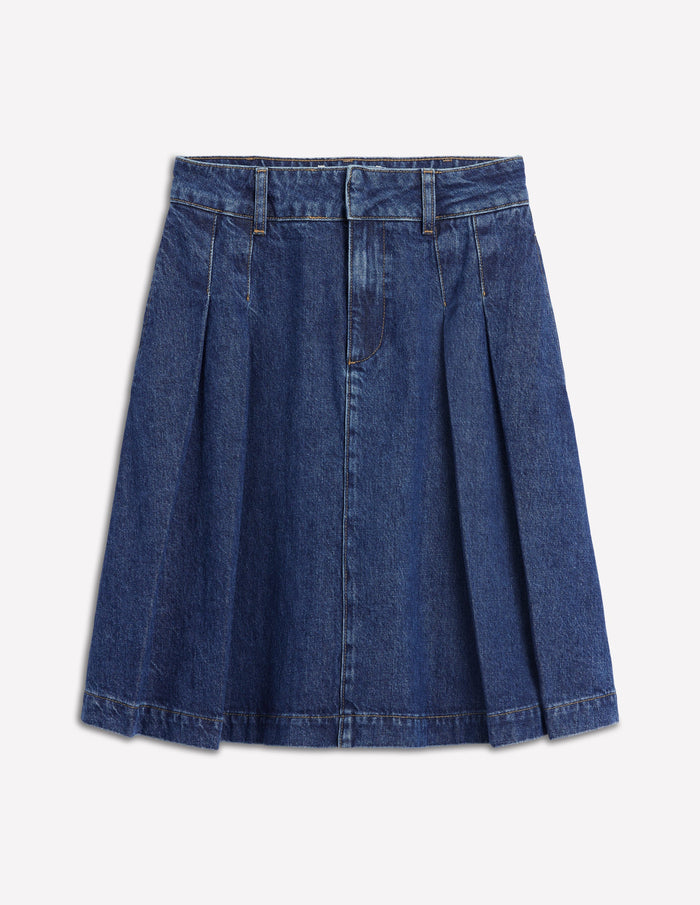 Pleated Denim Skirt Mid Wash