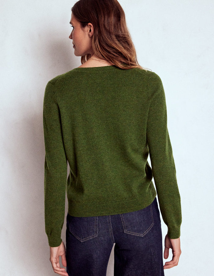 Eva Cashmere Crew Cardigan Leaf Green Melange