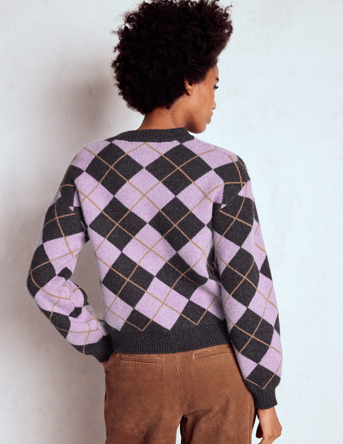 Abi Jacquard Cardigan Lilac, Charcoal Melange Argyle