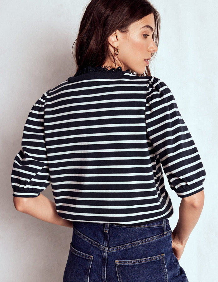 Puff Sleeve Henley Navy, Ivory Stripe
