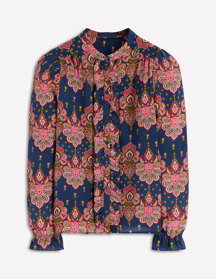 Alice Frill Front Silk Top Navy, Embellished Paisley
