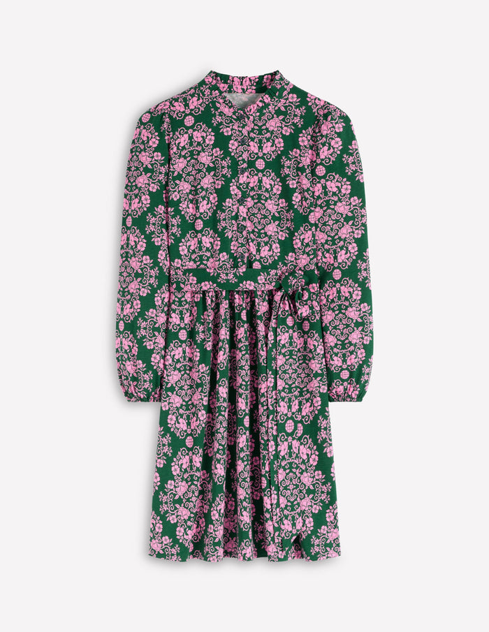 Willow Ruffle Neck Shirt Dress Green, Ornamental Lattice