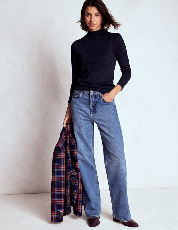 Puff Shoulder Jersey Top Navy