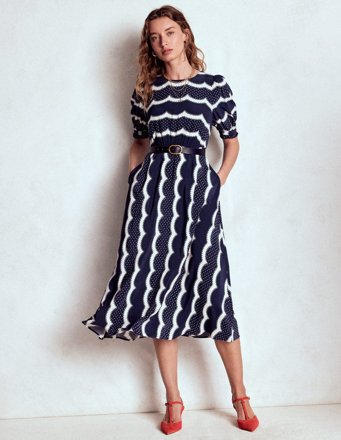 Blanca Midi Tea Dress French Navy, Dainty Scallop