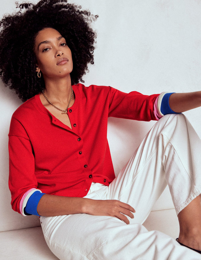 Lara Relaxed Cotton Cardigan Poppy Red, Cuff Stripe
