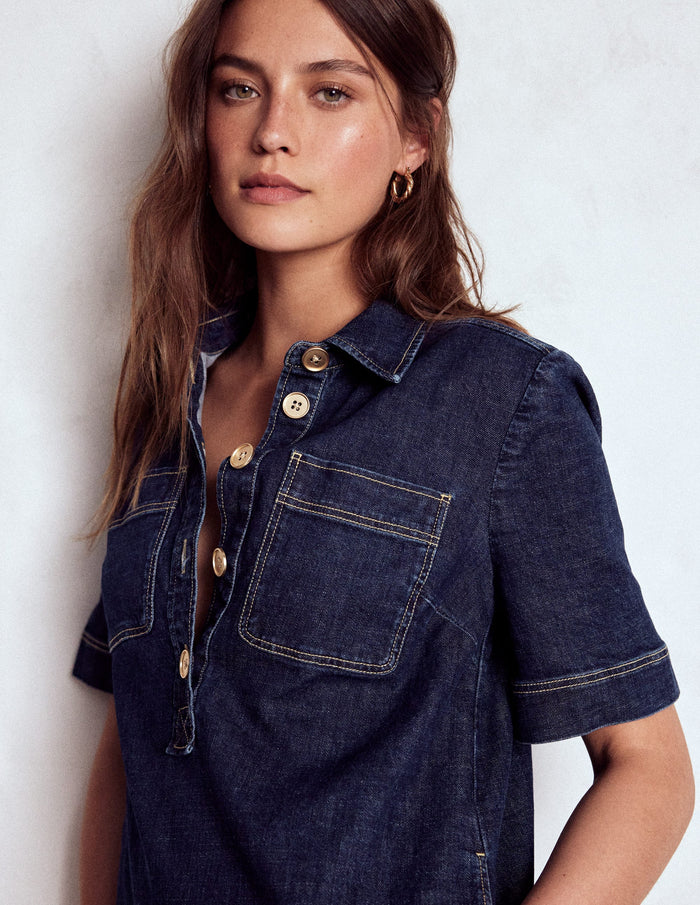 Zia Denim Pocket Shift Dress Dark Indigo