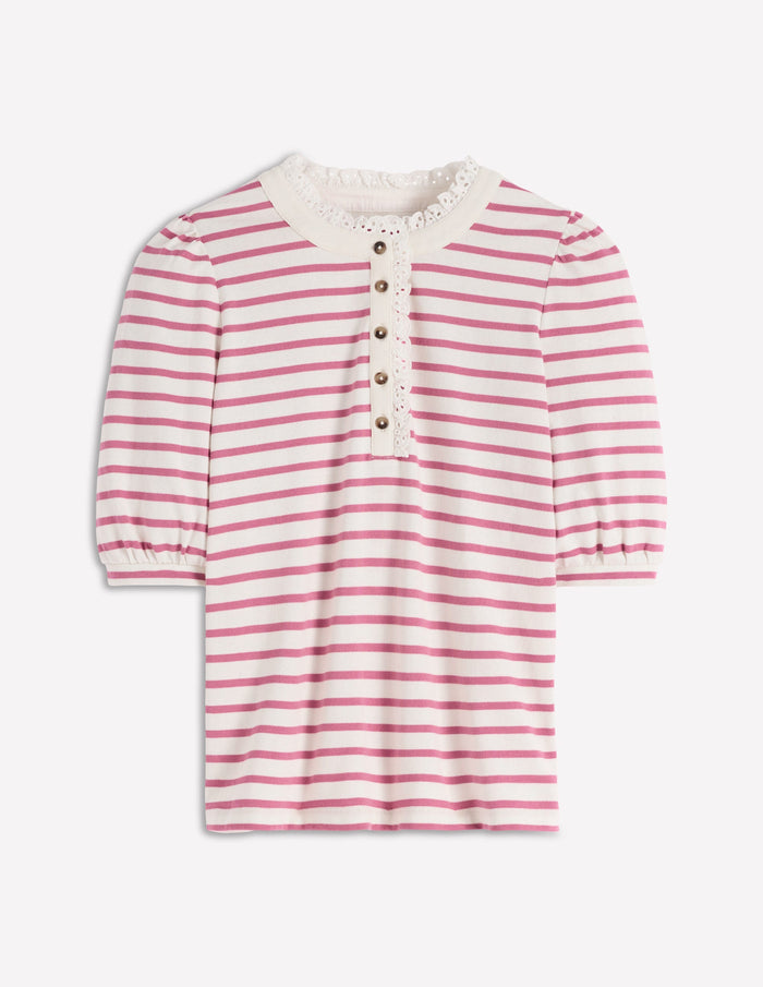 Puff Sleeve Henley Pink Heather, Ivory Stripe
