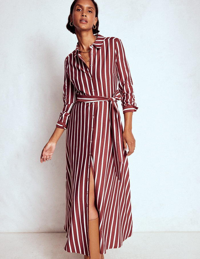 Marcia Jersey Shirt Dress Chestnut and Ivory Stripe