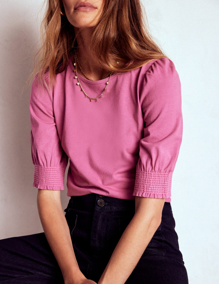 Short Sleeve Smocked Cuff Top Purple Damson