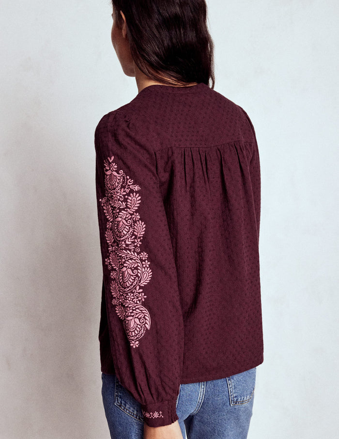 Embroidered Cotton Top Dark Cherry