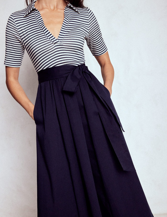 Collar Detail Mix Midi Dress Navy, Ivory Stripe