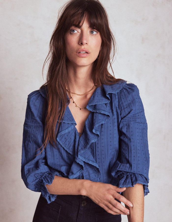 Ruffle V-Neck Blouse Denim Blue