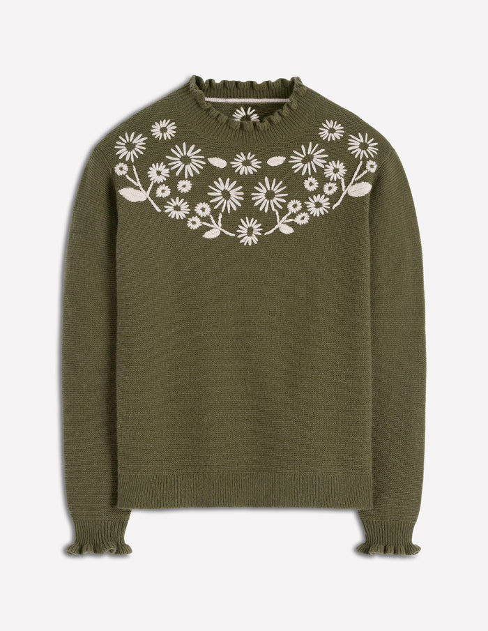 Embroidered Frill Sweater Woodland Green Melange