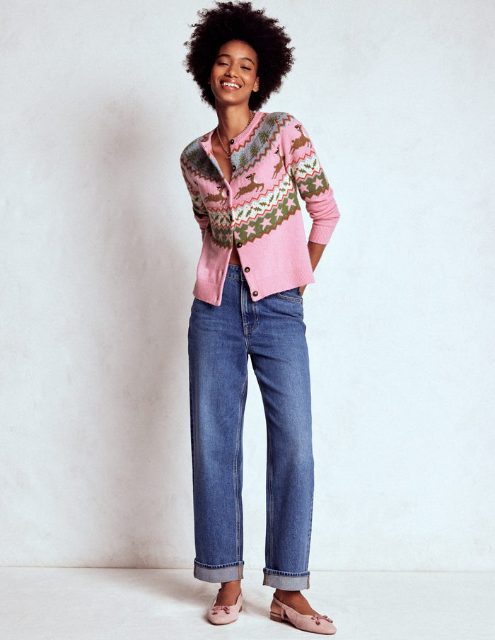 Edie Fair Isle Cardigan Pink, Reindeer