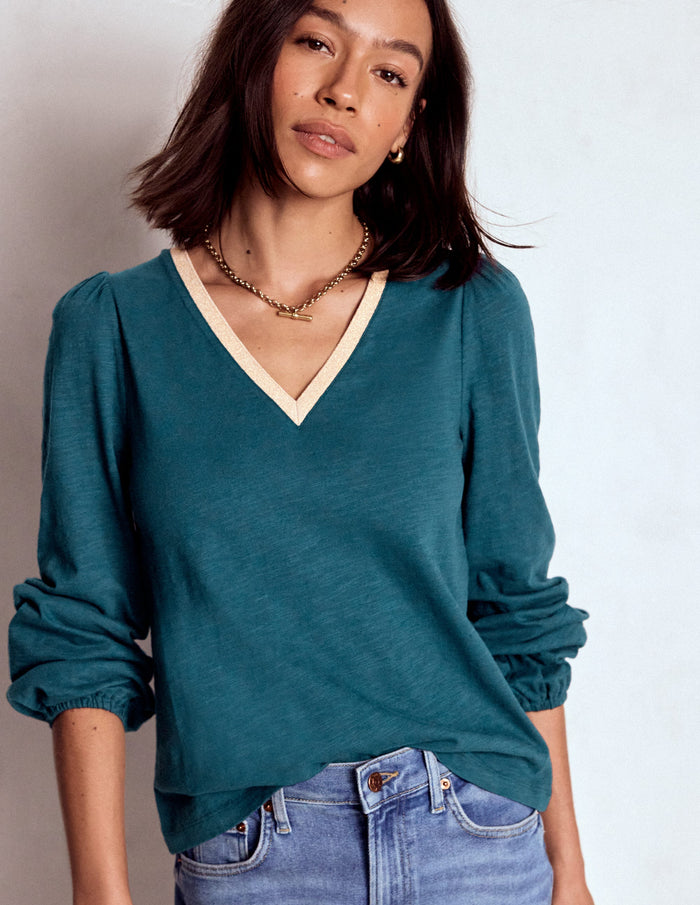 Metallic Trim Long Sleeve Top Midnight Teal