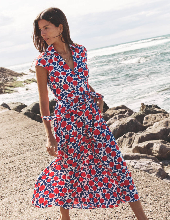 Julia Cotton Wrap Midi Dress Poppy Red, Floweret Vine
