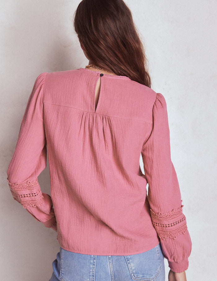 Trim Interest Double Cloth Top Pink Heather