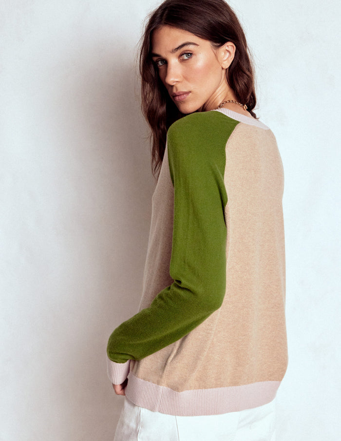 Meg Raglan Sleeve Cardigan Oatmeal, Green Colour Block
