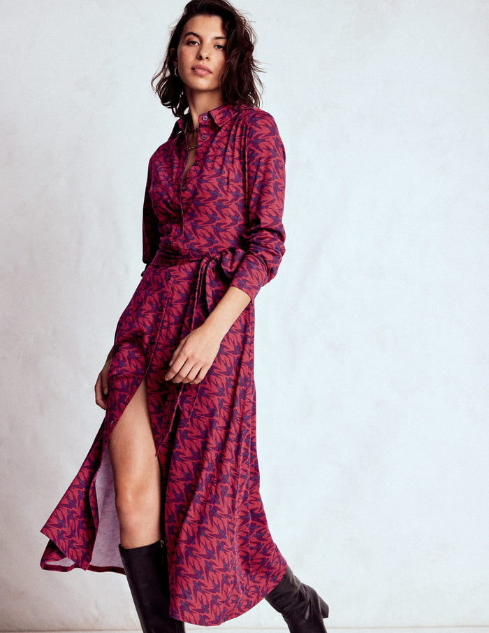 Marcia Jersey Shirt Dress Burgundy Red, Swooping Swallow