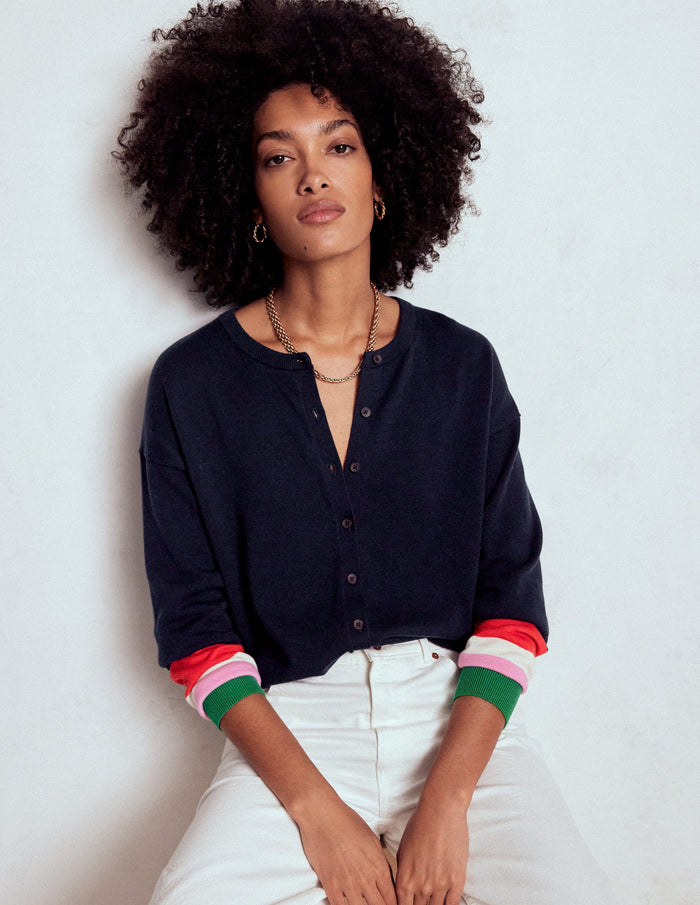 Lara Relaxed Cotton Cardigan Navy, Cuff Stripe