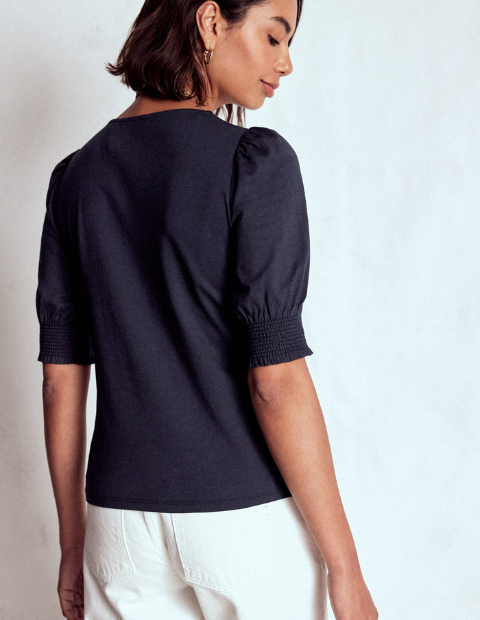 Short Sleeve Smocked Cuff Top Navy