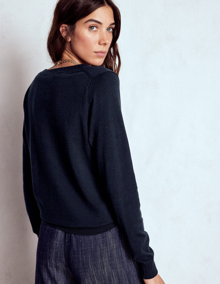 Emilia Cotton V Neck Sweater Navy