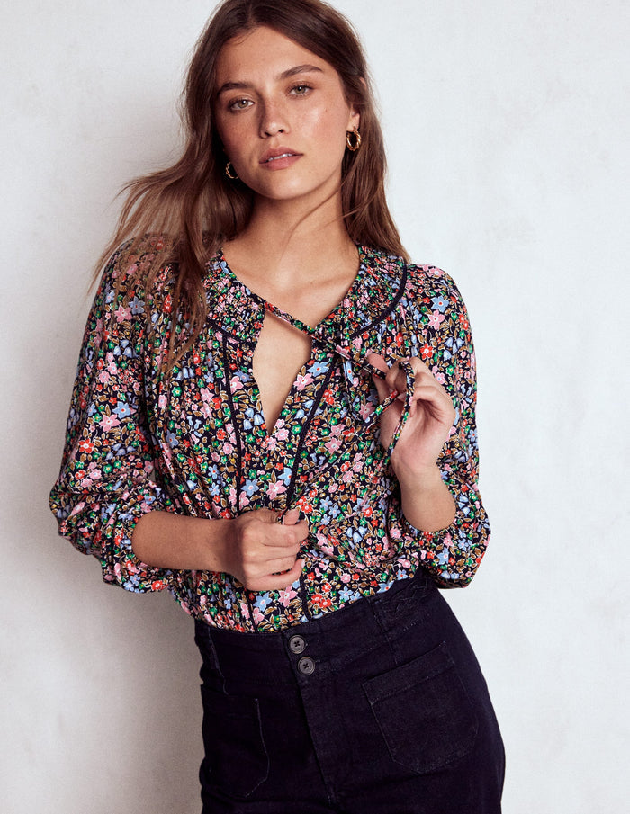 Georgia Smocked Jersey Top Navy and Multi, Flowerbed
