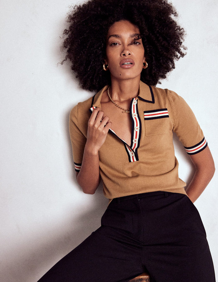 Cotton Henley T-shirt Camel Melange
