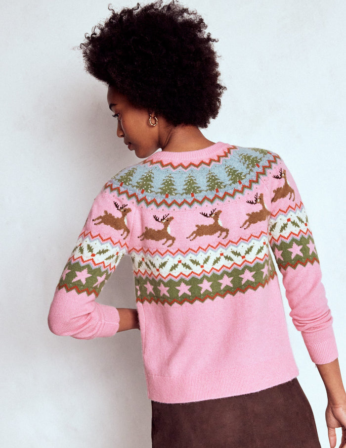 Edie Fair Isle Cardigan Pink, Reindeer