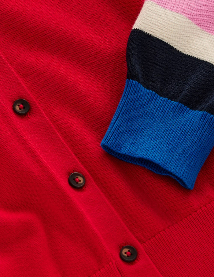 Lara Relaxed Cotton Cardigan Poppy Red, Cuff Stripe