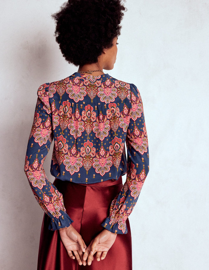 Alice Frill Front Silk Top Navy, Embellished Paisley