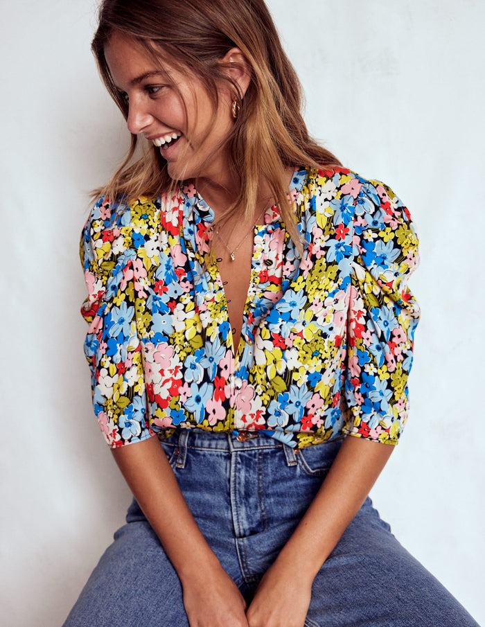 Mutton Sleeve Smart Top Multi, Flowerbed Cluster