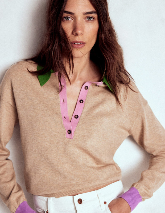 Lara Relaxed Cotton Henley Top Chinchilla Melange