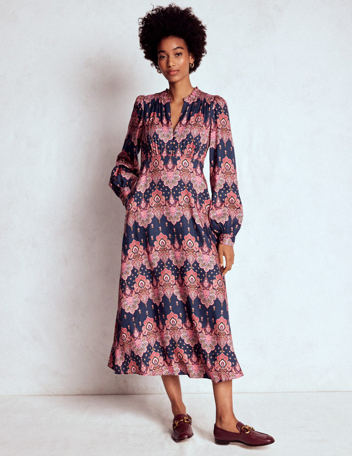 Cassie Smocked Tea Dress Navy, Embellished Paisley