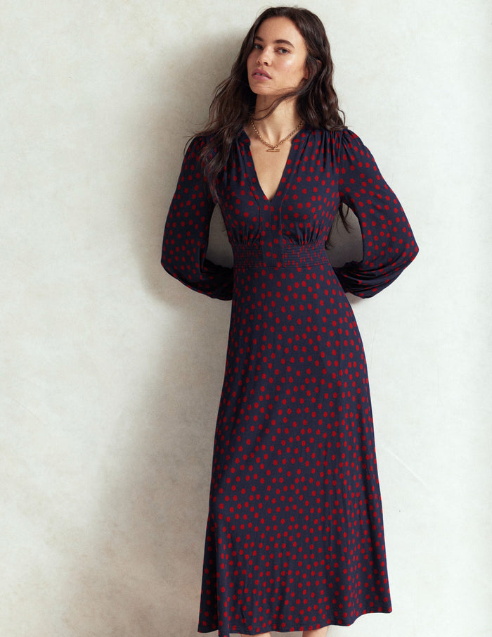 Ivy Smocked Midi Dress French Navy, Painted Dot