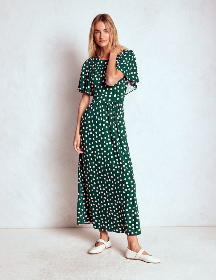 Yoke Panel Maxi Dress Emerald Night, Painted Dot