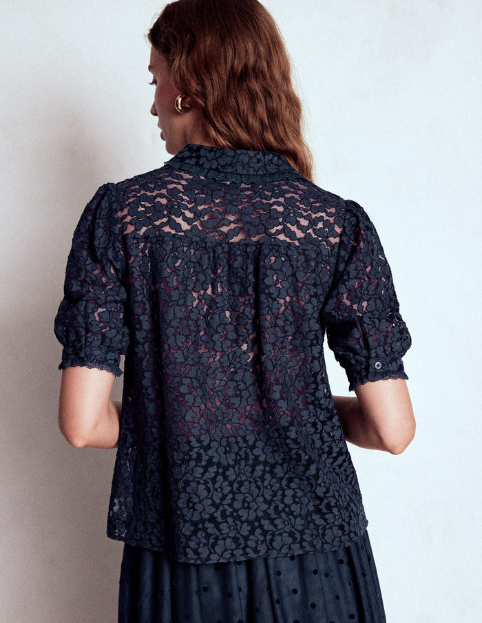 Short Sleeve Lace Blouse Navy