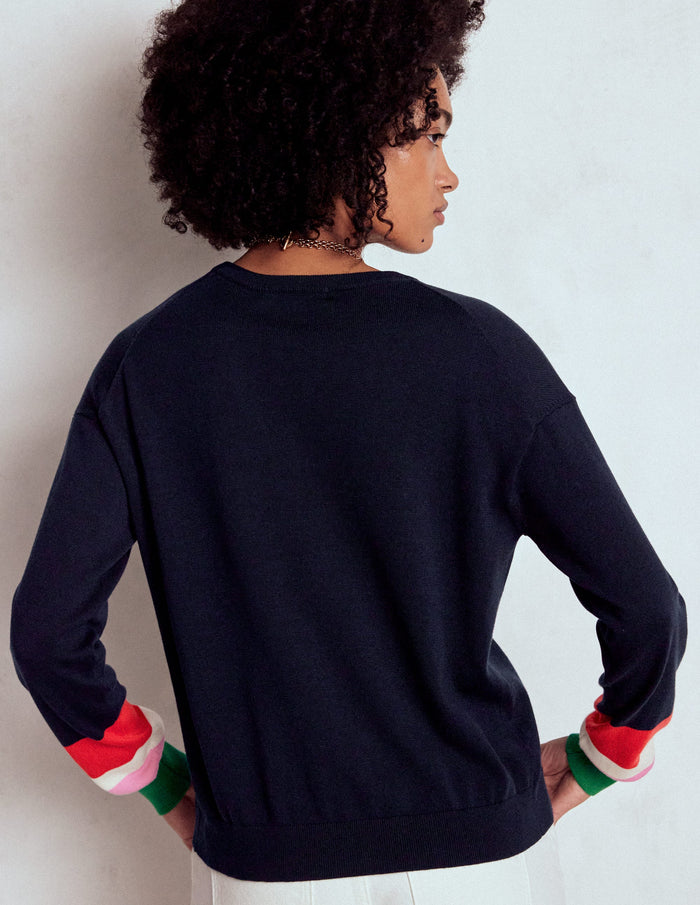 Lara Relaxed Cotton Cardigan Navy, Cuff Stripe