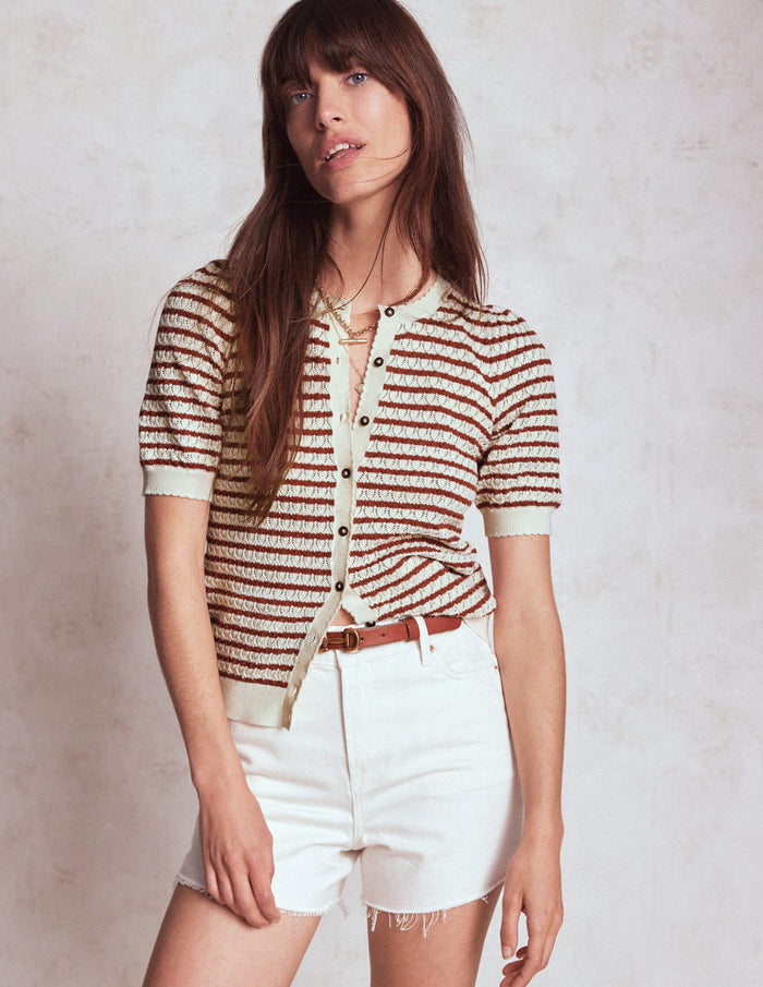 Dot Pointelle Cardigan Warm Ivory/ Red