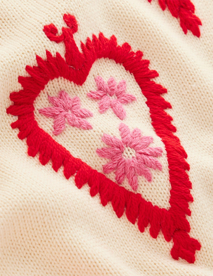 Graphic Embroidered Sweater Warm Ivory, Hearts