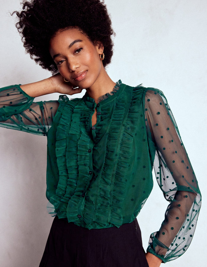 Frilled Tulle Blouse Emerald Night