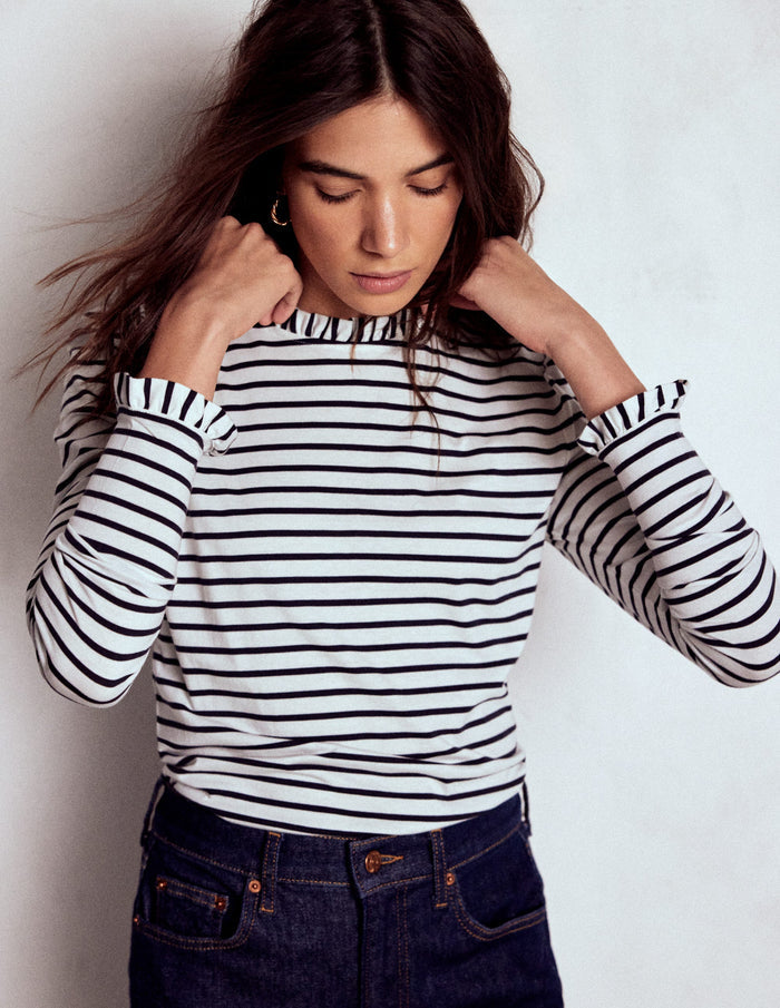Supersoft Frill Detail Top Ivory / Navy Stripe
