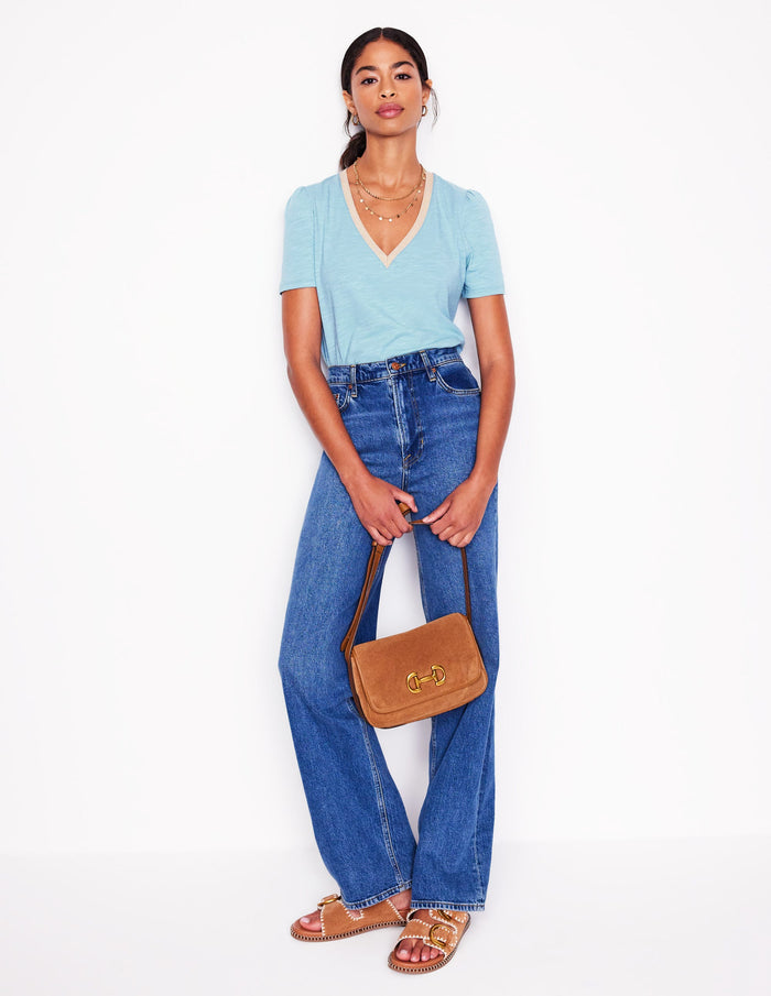 Metallic Trim V Neck T-shirt Soft Blue