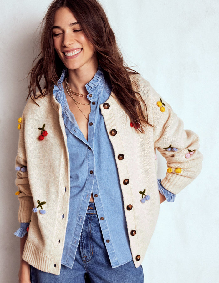 Natalie Embroidered Cardigan Oatmeal Melange, Cherry