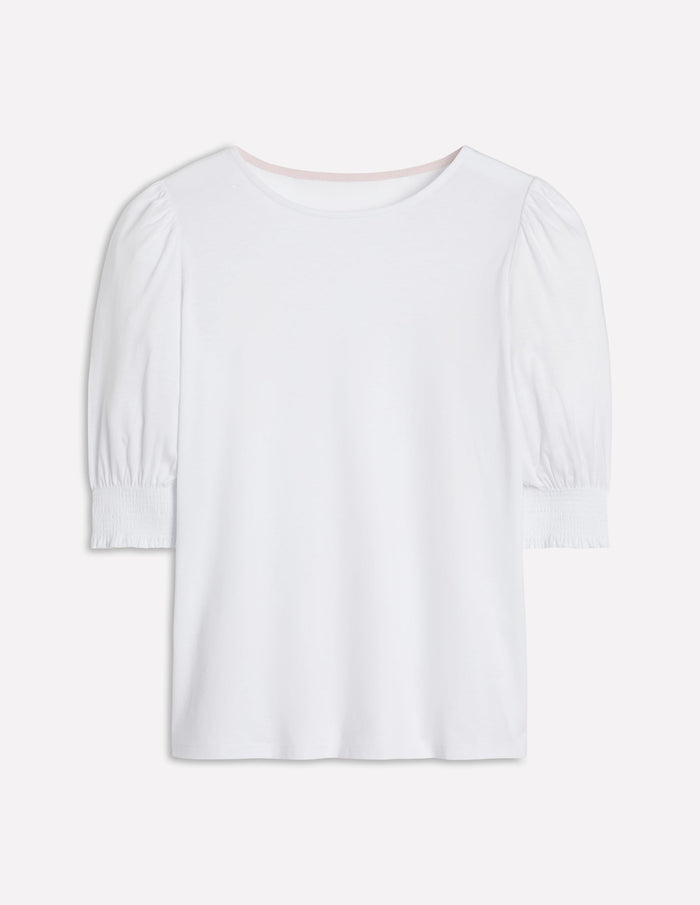 Short Sleeve Smocked Cuff Top White